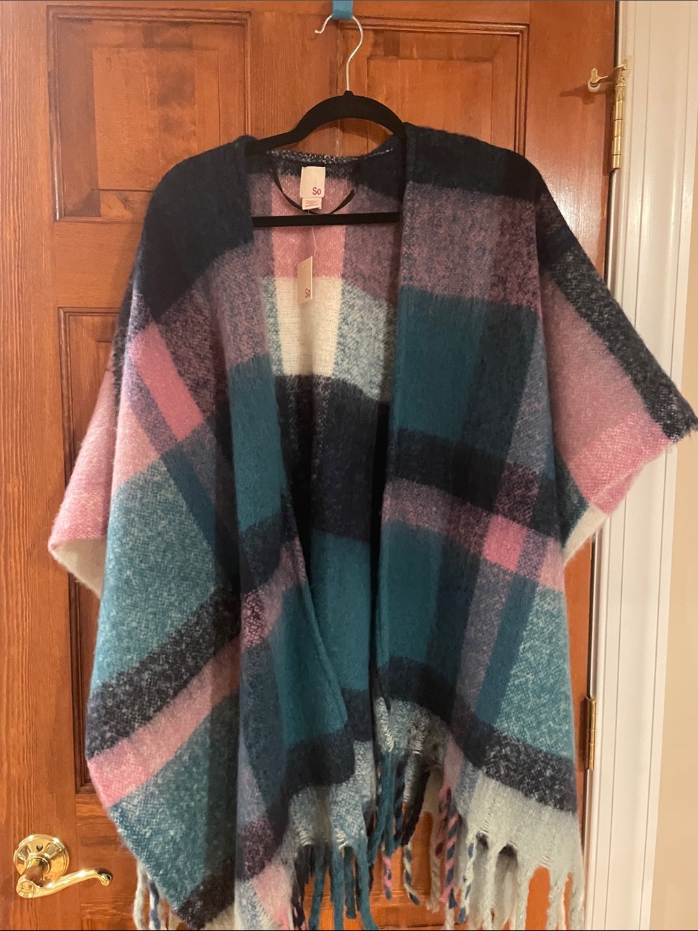 SO Plaid Fringe Open-Front Poncho - Teal, Pink, Black